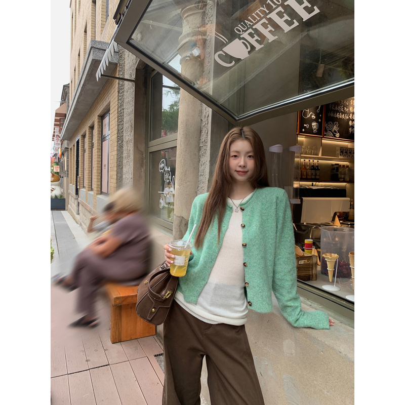 Dámsky kardigan v kórejskom štýle, akrylová pletenina, okrúhly výstrih, dlhé rukávy, patchwork detail