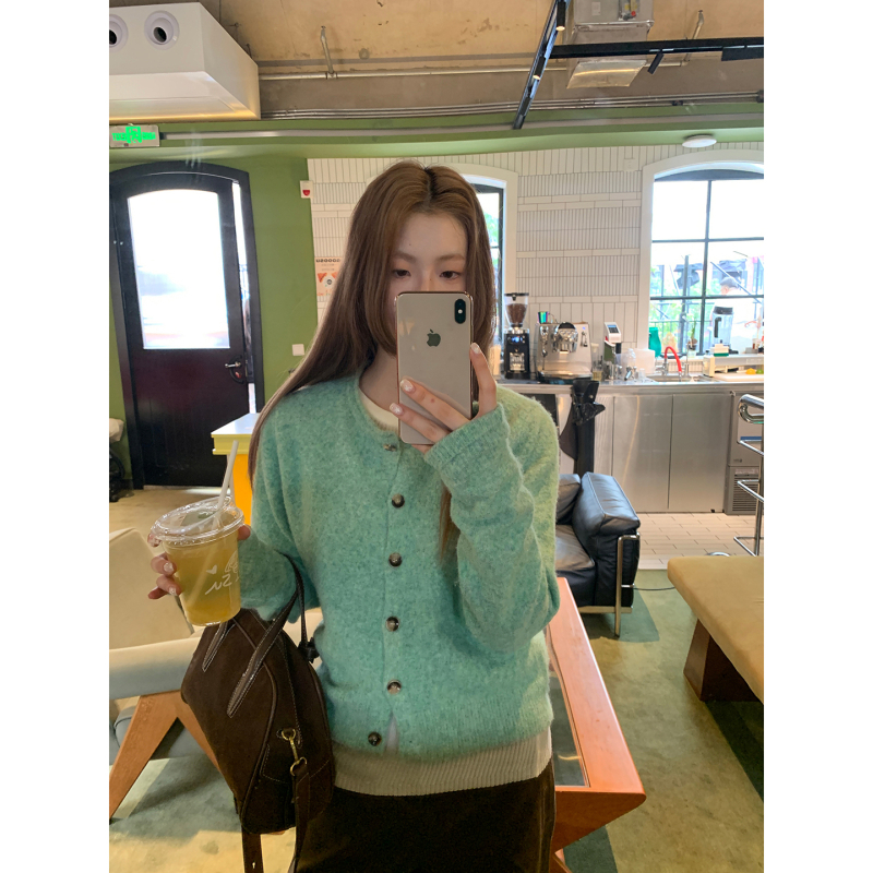 Dámsky kardigan v kórejskom štýle, akrylová pletenina, okrúhly výstrih, dlhé rukávy, patchwork detail