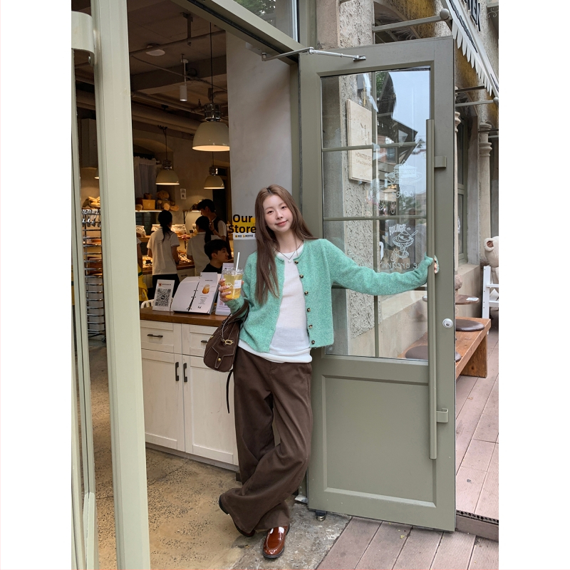 Dámsky kardigan v kórejskom štýle, akrylová pletenina, okrúhly výstrih, dlhé rukávy, patchwork detail