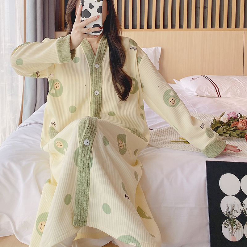 Tehotenské nočné šaty na dojčenie - zimný kardigán štýl, francúzsky vkus, dlhé rukávy, ľahká vzdušná tkanina