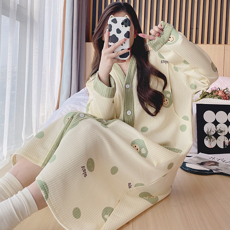 Tehotenské nočné šaty na dojčenie - zimný kardigán štýl, francúzsky vkus, dlhé rukávy, ľahká vzdušná tkanina