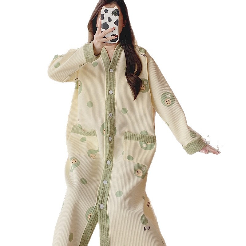 Tehotenské nočné šaty na dojčenie - zimný kardigán štýl, francúzsky vkus, dlhé rukávy, ľahká vzdušná tkanina