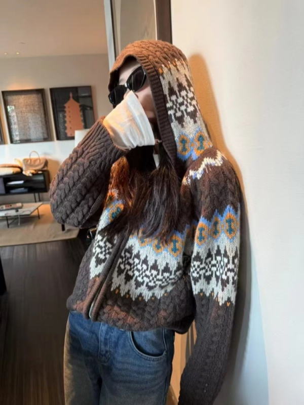 Kardigán s kapucňou z hrubého vlneného úpletu, zips, dlhé rukávy