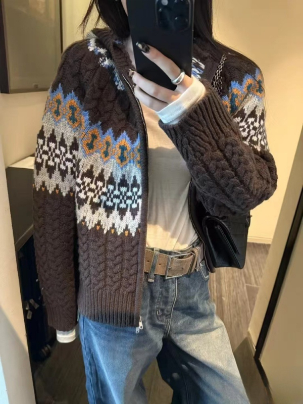 Kardigán s kapucňou z hrubého vlneného úpletu, zips, dlhé rukávy