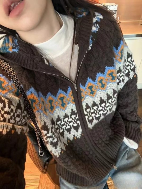 Kardigán s kapucňou z hrubého vlneného úpletu, zips, dlhé rukávy