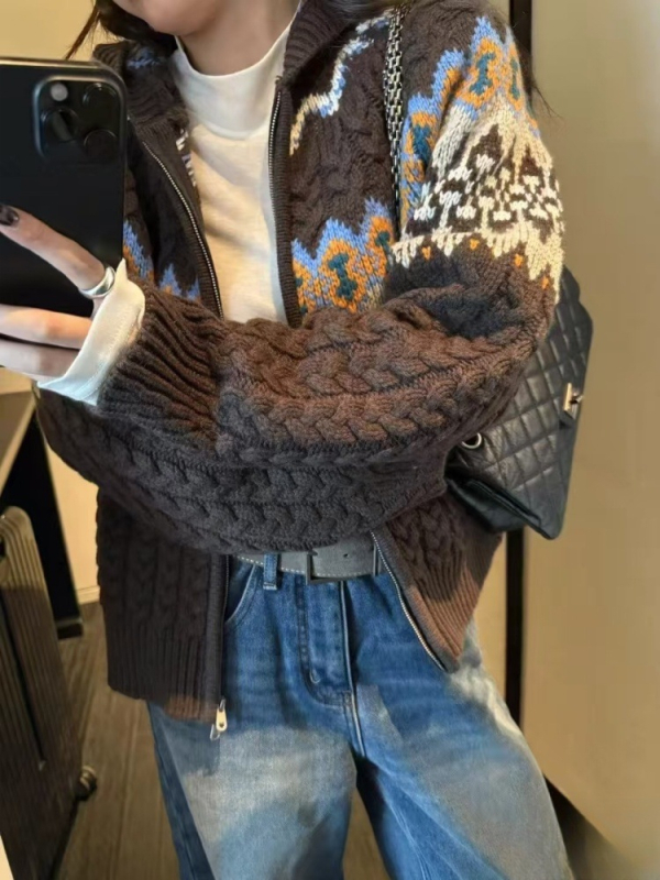 Kardigán s kapucňou z hrubého vlneného úpletu, zips, dlhé rukávy