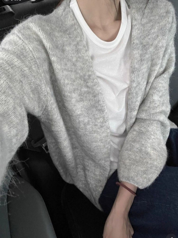 Najlon-elastan pleteni kardigan s V-izrezom, dugi rukavi, jednobojni uzorak, minimalistički japansko-korejski casual stil