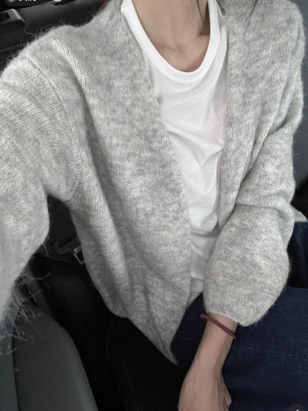 Najlon-elastan pleteni kardigan s V-izrezom, dugi rukavi, jednobojni uzorak, minimalistički japansko-korejski casual stil