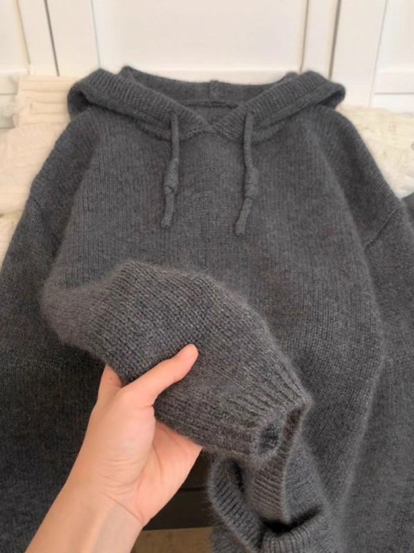 Dámsky kapucňový hrubý vlnený sveter, voľný strih, neformálny štýl, 95% vlna