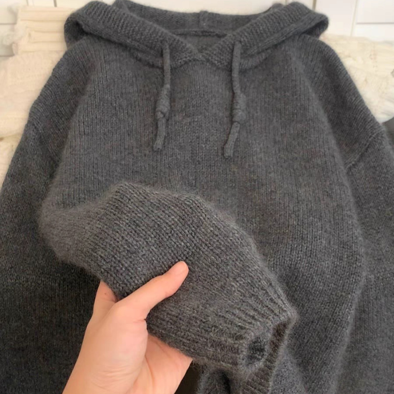 Dámsky kapucňový hrubý vlnený sveter, voľný strih, neformálny štýl, 95% vlna