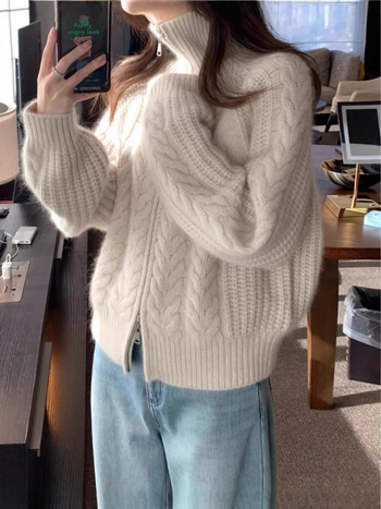 Cardigan z kašmíru a vlny, voľný strih, vysoký golier, zips na prednom diele, lampionové rukávy (kašmír 30–50%, vlna 50–70%)