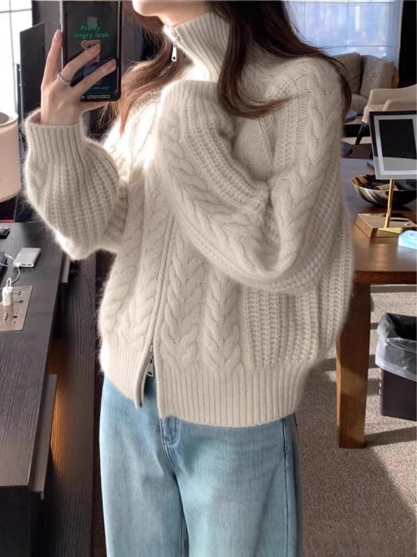 Cardigan z kašmíru a vlny, voľný strih, vysoký golier, zips na prednom diele, lampionové rukávy (kašmír 30–50%, vlna 50–70%)