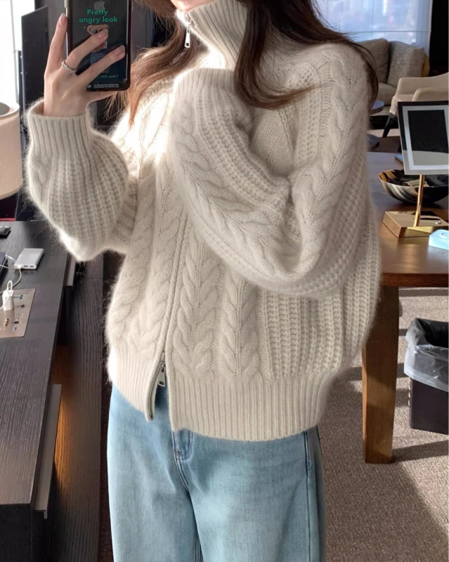 Cardigan z kašmíru a vlny, voľný strih, vysoký golier, zips na prednom diele, lampionové rukávy (kašmír 30–50%, vlna 50–70%)