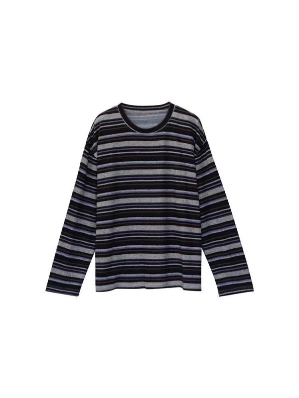 Pulover s okruglim izrezom, dugi rukavi, širok kroj, color-block pruge, najlon-spandeks pletenina