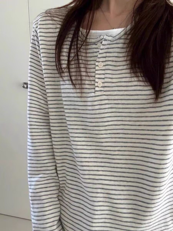 Korejski retro T-shirt s dugim rukavima, prugasti uzorak, širok kroj, najlon-spandeks, okrugli izrez