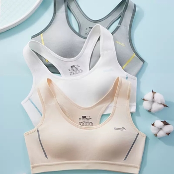 Športová podprsenka s pevnými košíčkami pre dievčatá 12–15 rokov, bavlnená látka, plný košíček, tenká tvarovaná košíček s peny, pevné dvojité ramienka, priedušná a odvádza pot