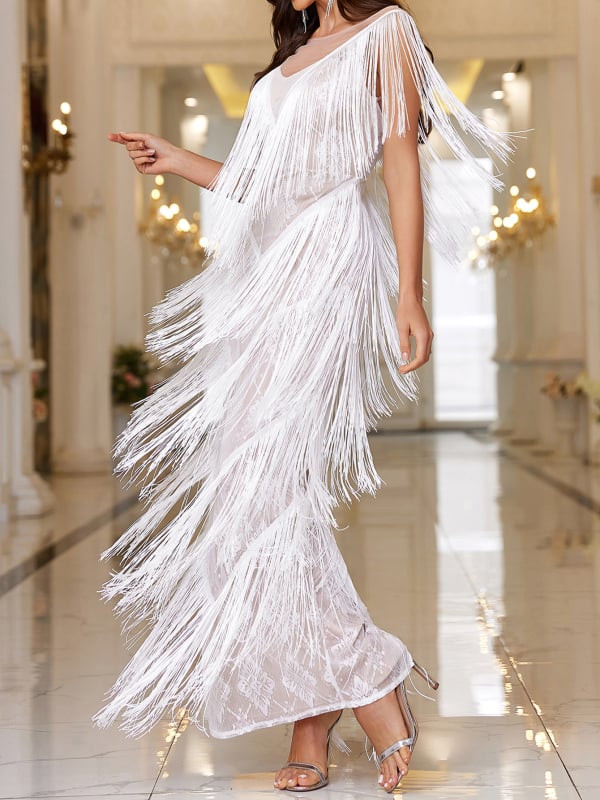 Bez rukávov dlhé šaty s strapcami a okrúhlym výstrihom, elegantné; zloženie: 90–95% elastán, polyester