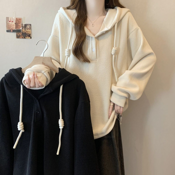 Kapuljačasta dukserica od poliestera, jednobojna, dugi rukavi, korejski stil, širok kroj