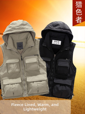 Mužská vesta s kapucňou, flísovou podšívkou a bavlnenou výplňou, s viacerými vreckami, street štýl, voľný strih