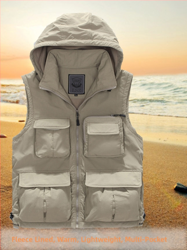 Mužská vesta s kapucňou, flísovou podšívkou a bavlnenou výplňou, s viacerými vreckami, street štýl, voľný strih