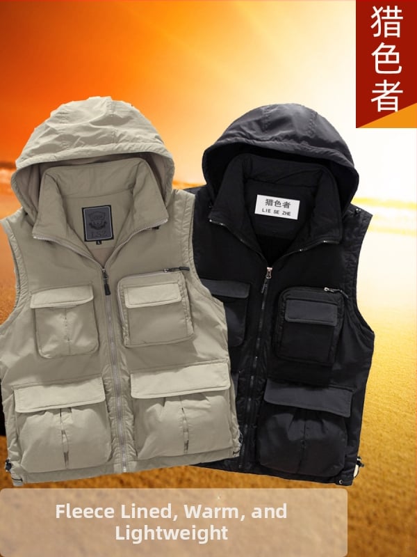 Mužská vesta s kapucňou, flísovou podšívkou a bavlnenou výplňou, s viacerými vreckami, street štýl, voľný strih