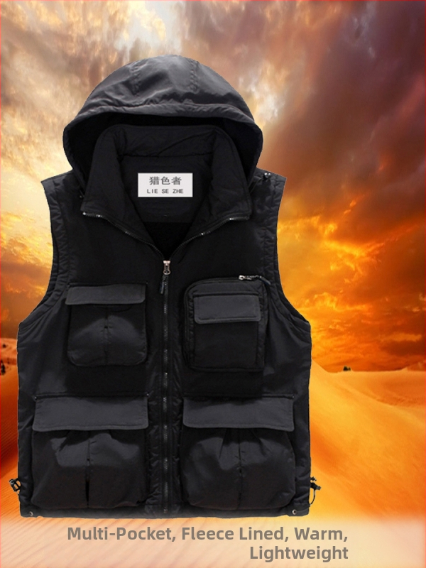 Mužská vesta s kapucňou, flísovou podšívkou a bavlnenou výplňou, s viacerými vreckami, street štýl, voľný strih