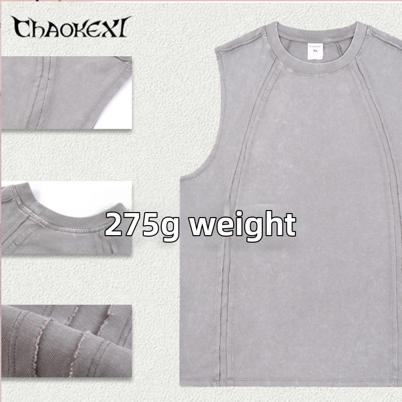 Ανδρικό γιλέκο από 100% βαμβάκι, ελαφρώς χαλαρή γραμμή, διαβρωμένο εφέ πλυσίματος, Raglan μανίκια, καλοκαίρι, ρετρό street style