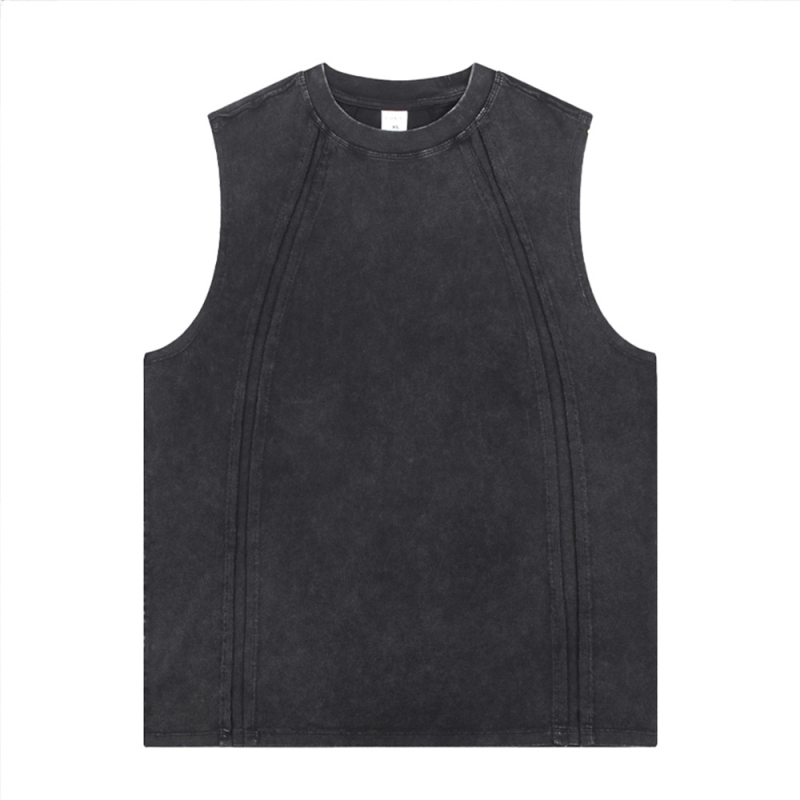 Ανδρικό γιλέκο από 100% βαμβάκι, ελαφρώς χαλαρή γραμμή, διαβρωμένο εφέ πλυσίματος, Raglan μανίκια, καλοκαίρι, ρετρό street style