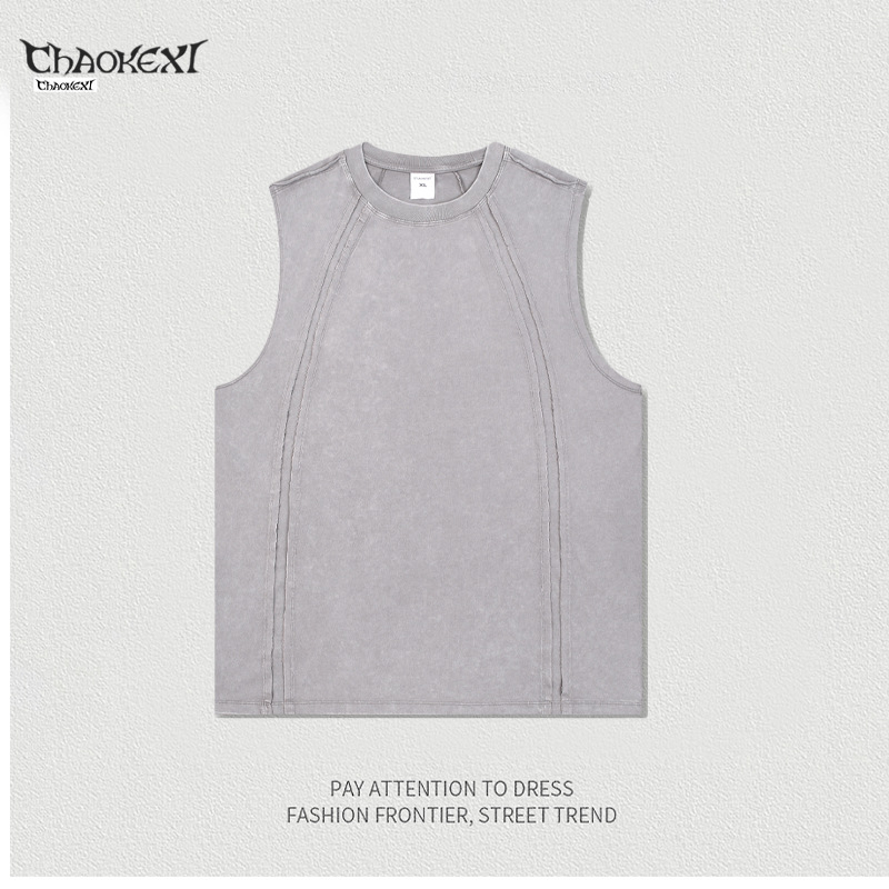 Ανδρικό γιλέκο από 100% βαμβάκι, ελαφρώς χαλαρή γραμμή, διαβρωμένο εφέ πλυσίματος, Raglan μανίκια, καλοκαίρι, ρετρό street style