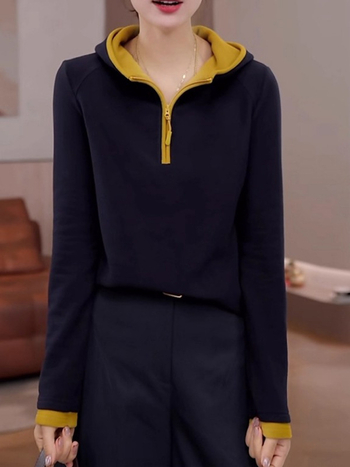 Hanorac damă cu glugă, mâneci lungi, design color-block, croi lejer, lungime ultra-scurtă, material modal