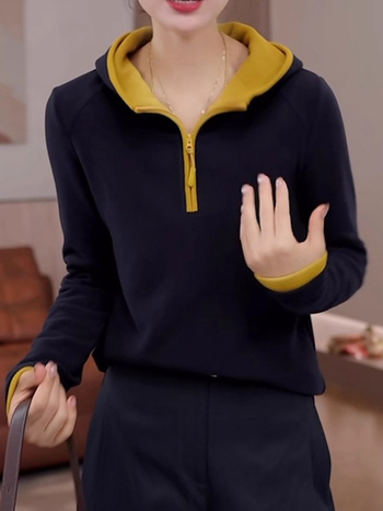 Hanorac damă cu glugă, mâneci lungi, design color-block, croi lejer, lungime ultra-scurtă, material modal