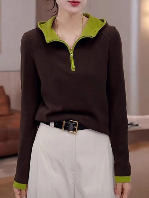 Hanorac damă cu glugă, mâneci lungi, design color-block, croi lejer, lungime ultra-scurtă, material modal