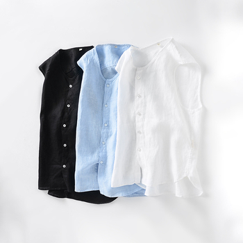 Linane varrukateta vest, minimalistlik stiil, stojan-kaelus, ühe nupuga sulgus, vaba lõige