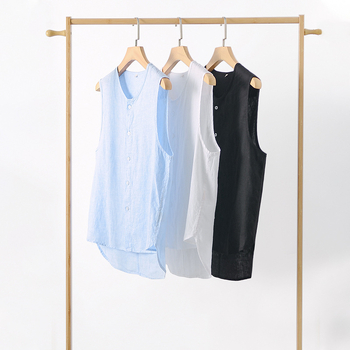 Linane varrukateta vest, minimalistlik stiil, stojan-kaelus, ühe nupuga sulgus, vaba lõige