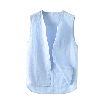 Linane varrukateta vest, minimalistlik stiil, stojan-kaelus, ühe nupuga sulgus, vaba lõige