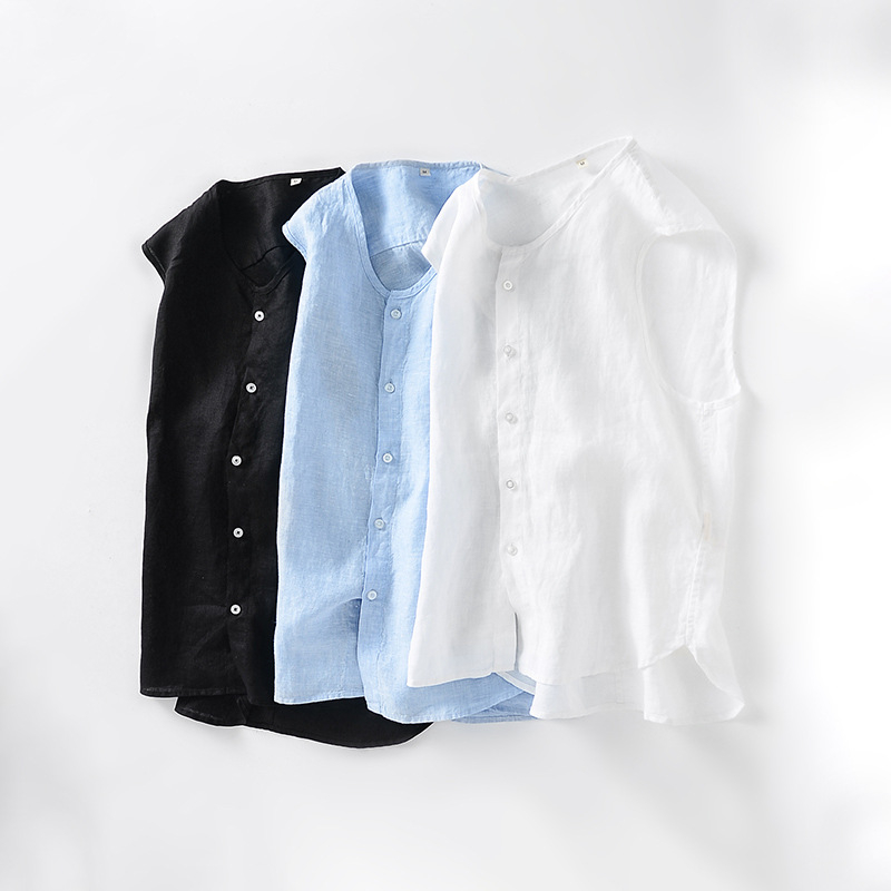 Linane varrukateta vest, minimalistlik stiil, stojan-kaelus, ühe nupuga sulgus, vaba lõige