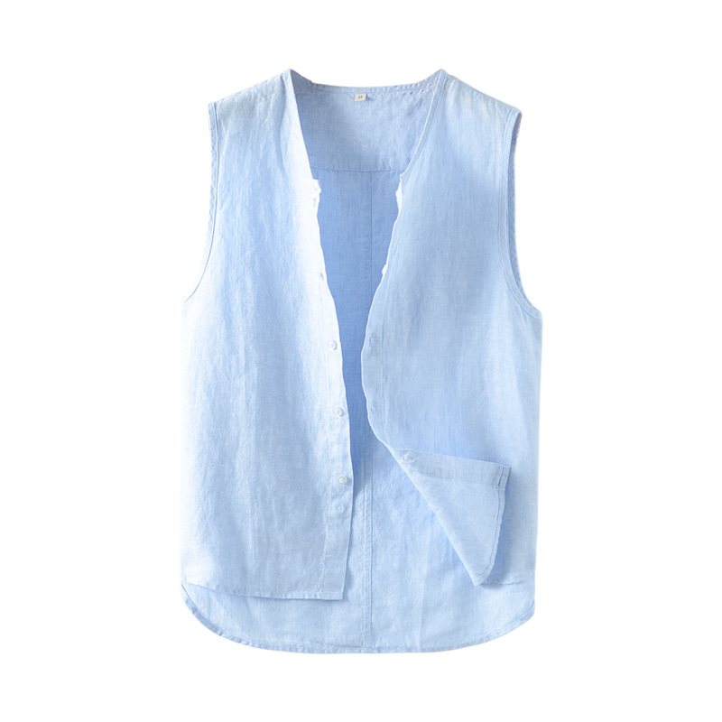 Linane varrukateta vest, minimalistlik stiil, stojan-kaelus, ühe nupuga sulgus, vaba lõige
