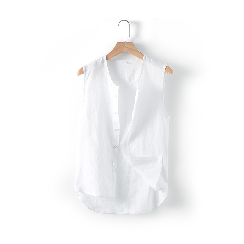Linane varrukateta vest, minimalistlik stiil, stojan-kaelus, ühe nupuga sulgus, vaba lõige