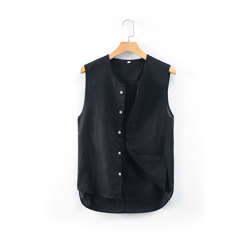 Linane varrukateta vest, minimalistlik stiil, stojan-kaelus, ühe nupuga sulgus, vaba lõige