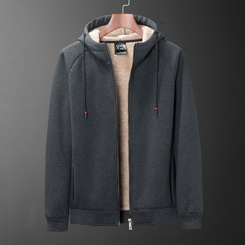 Cardigan cu glugă pentru bărbați din bumbac velur gros, croială lejeră, fermoar, buzunar tip marsupiu
