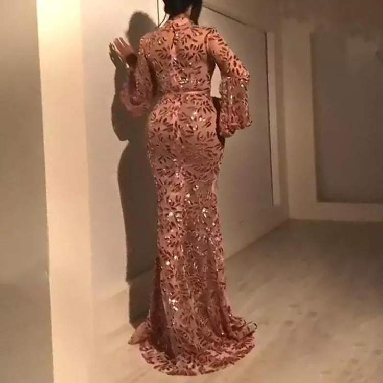 Šaty so štíhlym pásom, stojací golier, dlhé rukávy, vhodné na banket, polyesterový materiál