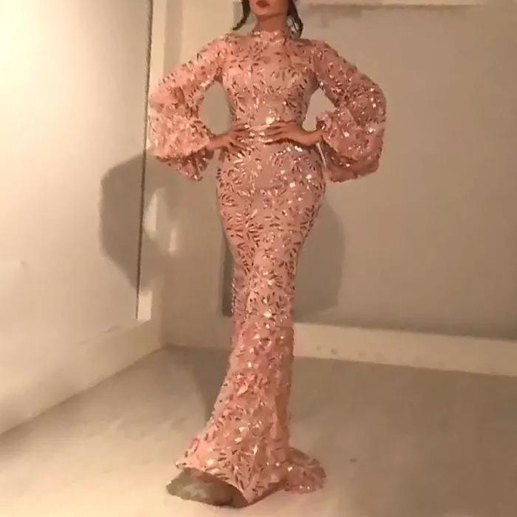 Šaty so štíhlym pásom, stojací golier, dlhé rukávy, vhodné na banket, polyesterový materiál