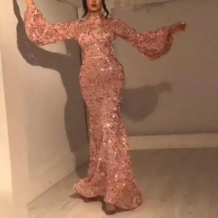 Šaty so štíhlym pásom, stojací golier, dlhé rukávy, vhodné na banket, polyesterový materiál