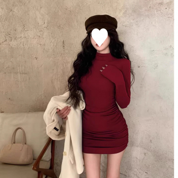 Bodycon haljina s visokim ovratnikom, dugi rukavi, poliester, kratka suknja