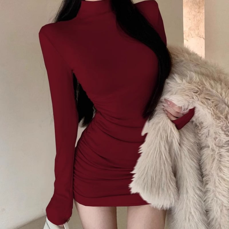 Bodycon haljina s visokim ovratnikom, dugi rukavi, poliester, kratka suknja