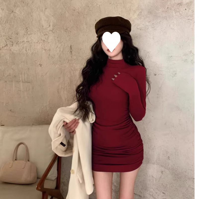 Bodycon haljina s visokim ovratnikom, dugi rukavi, poliester, kratka suknja