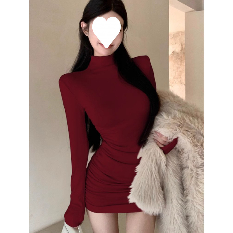 Bodycon haljina s visokim ovratnikom, dugi rukavi, poliester, kratka suknja