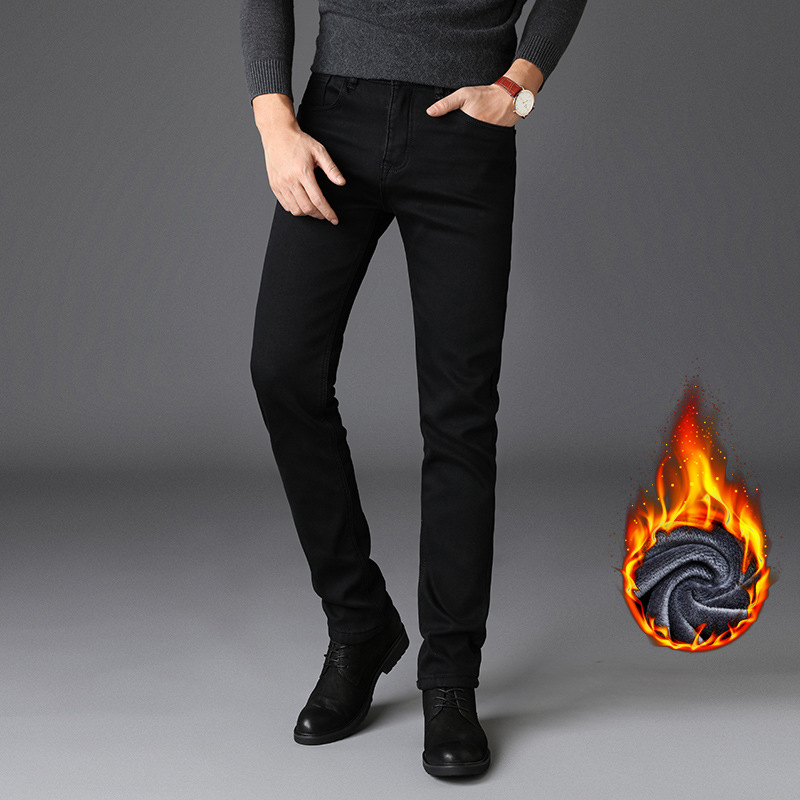 Jean din denim pentru bărbați, croială dreaptă, căptușit cu fleece, cinci buzunare, talie medie, fermoar