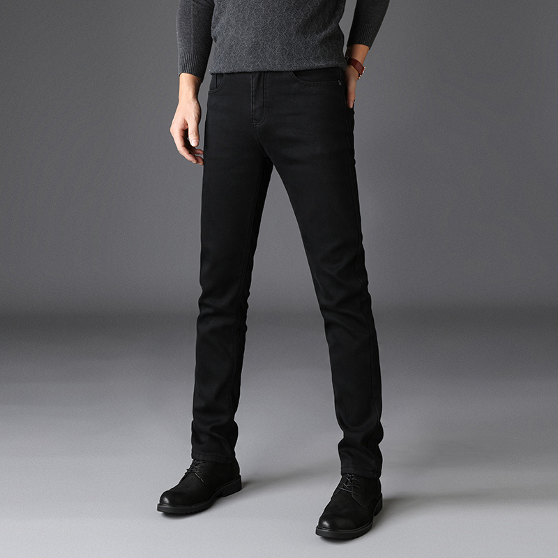 Jean din denim pentru bărbați, croială dreaptă, căptușit cu fleece, cinci buzunare, talie medie, fermoar