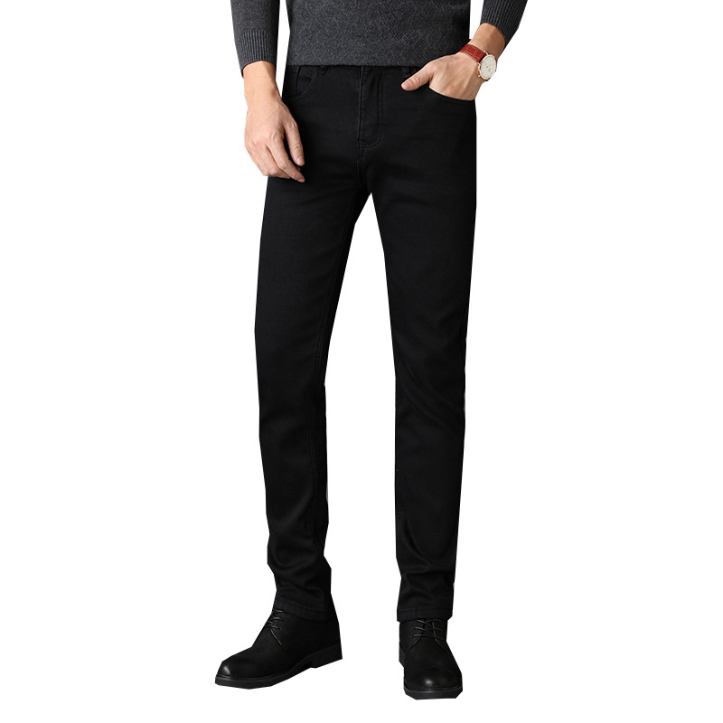 Jean din denim pentru bărbați, croială dreaptă, căptușit cu fleece, cinci buzunare, talie medie, fermoar